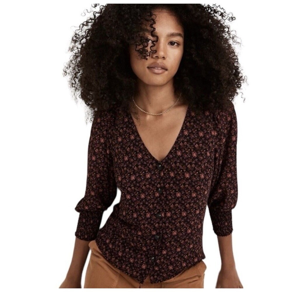 Madewell Georgette Smocked-Cuff Button-Front Top Womens Size 16 Multi Floral